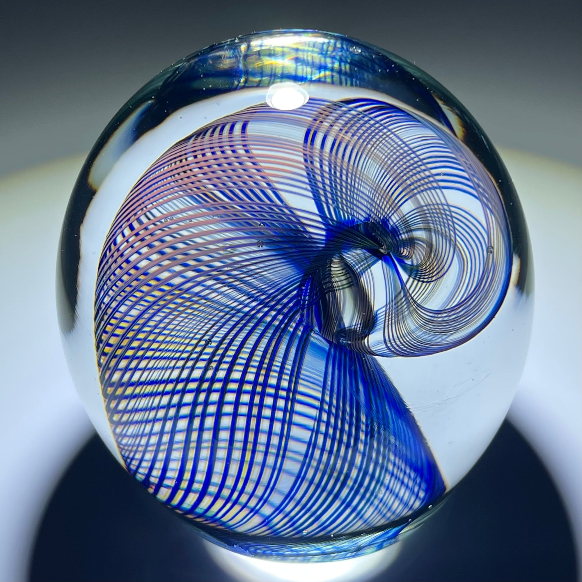 Signed Robert Burch 1979 Abstract Coiled Iridescent Filigree Studio Glass Paperweight