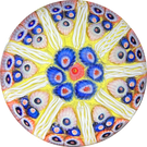 Vintage Strathearn Glass Art Paperweight Colorful Paneled Millefiori and White Filigree on Opaque Yellow Ground