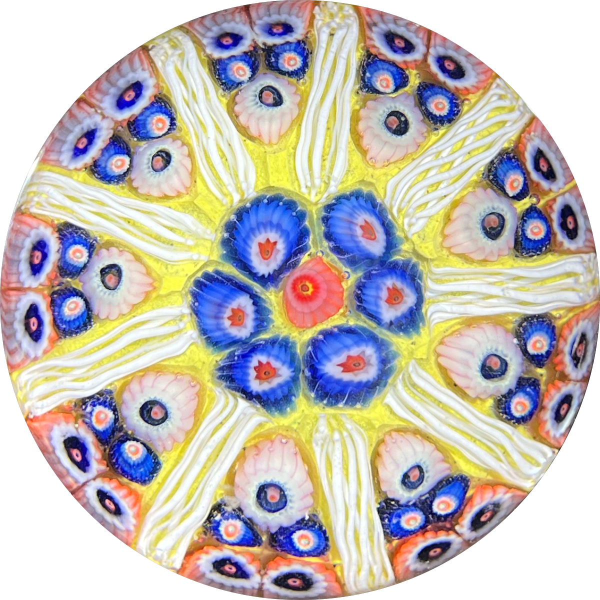 Vintage Strathearn Glass Art Paperweight Colorful Paneled Millefiori and White Filigree on Opaque Yellow Ground