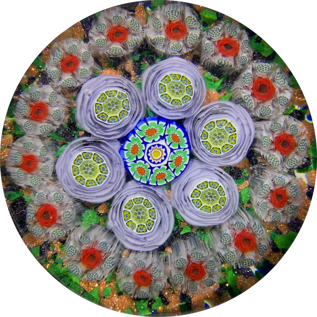 James Hart Complex Concentric Millefiori w/ Roses on Aventurine Ground Glass Art Paperweight