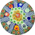 Vintage Vasart Glass Art Paperweight Radial Millefiori with White Filigree Panels on Opaque Blue