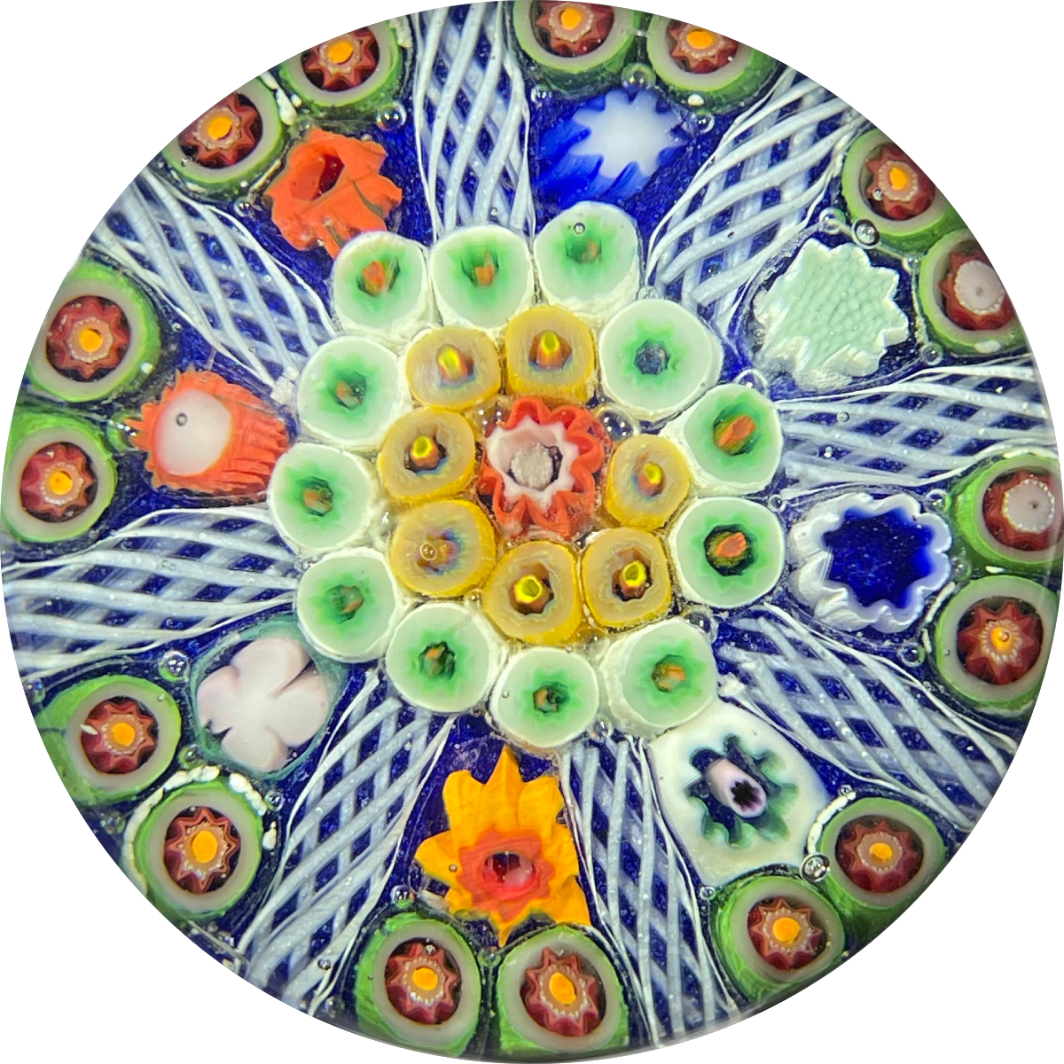 Vintage Vasart Glass Art Paperweight Radial Millefiori with White Filigree Panels on Opaque Blue