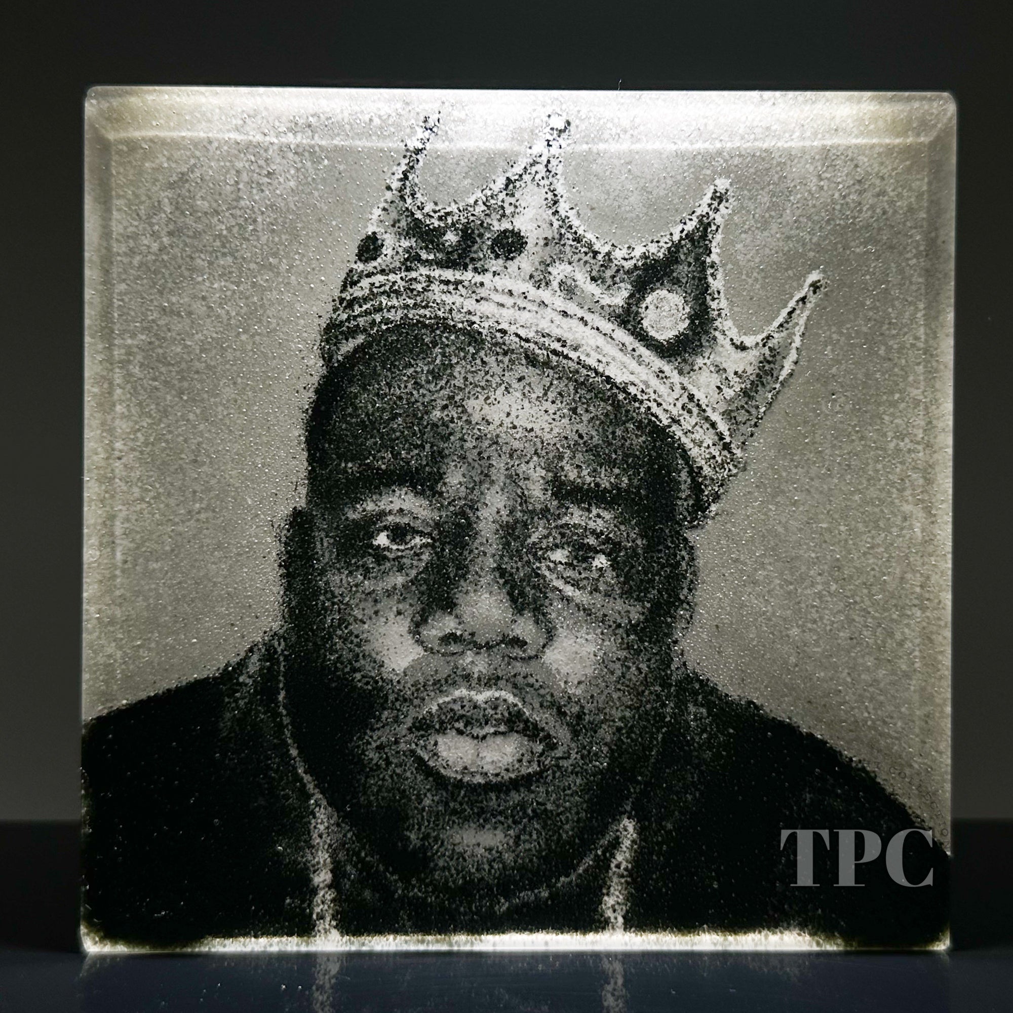 Epic Trevor Beck 2023 Glass Art Paperweight Plaque Detail Monochromatic Frit Portrait of Biggie Smalls aka Notorious BIG