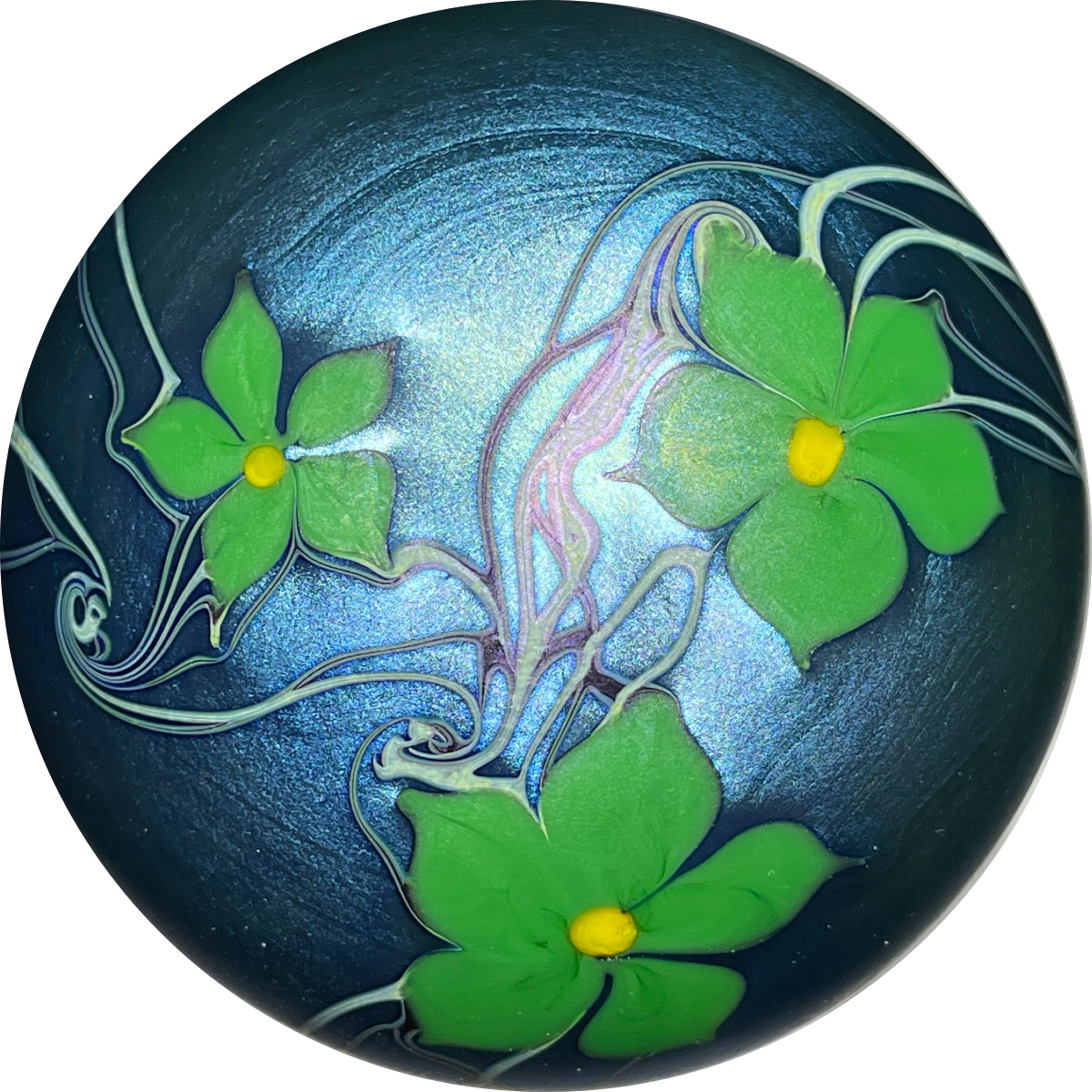 Orient & Flume 1975 Torchwork Surface Decorated Flowers on Iridescent Blue