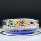 Early Signed Strathearn Glass Art Paperweight Pin Dish with Colorful Closepacked Millefiori on Blue Ground