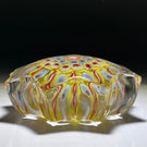Vintage Strathearn Pressed Star Glass Art Paperweight with Colorful Concentric Millefiori & Ribbon Twists on Yellow Ground