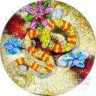 Ken Rosenfeld 2023 Glass Art Paperweight Flamework Yellow & Red Banded Snake on Sand with Pebbles & Perennial Flowers