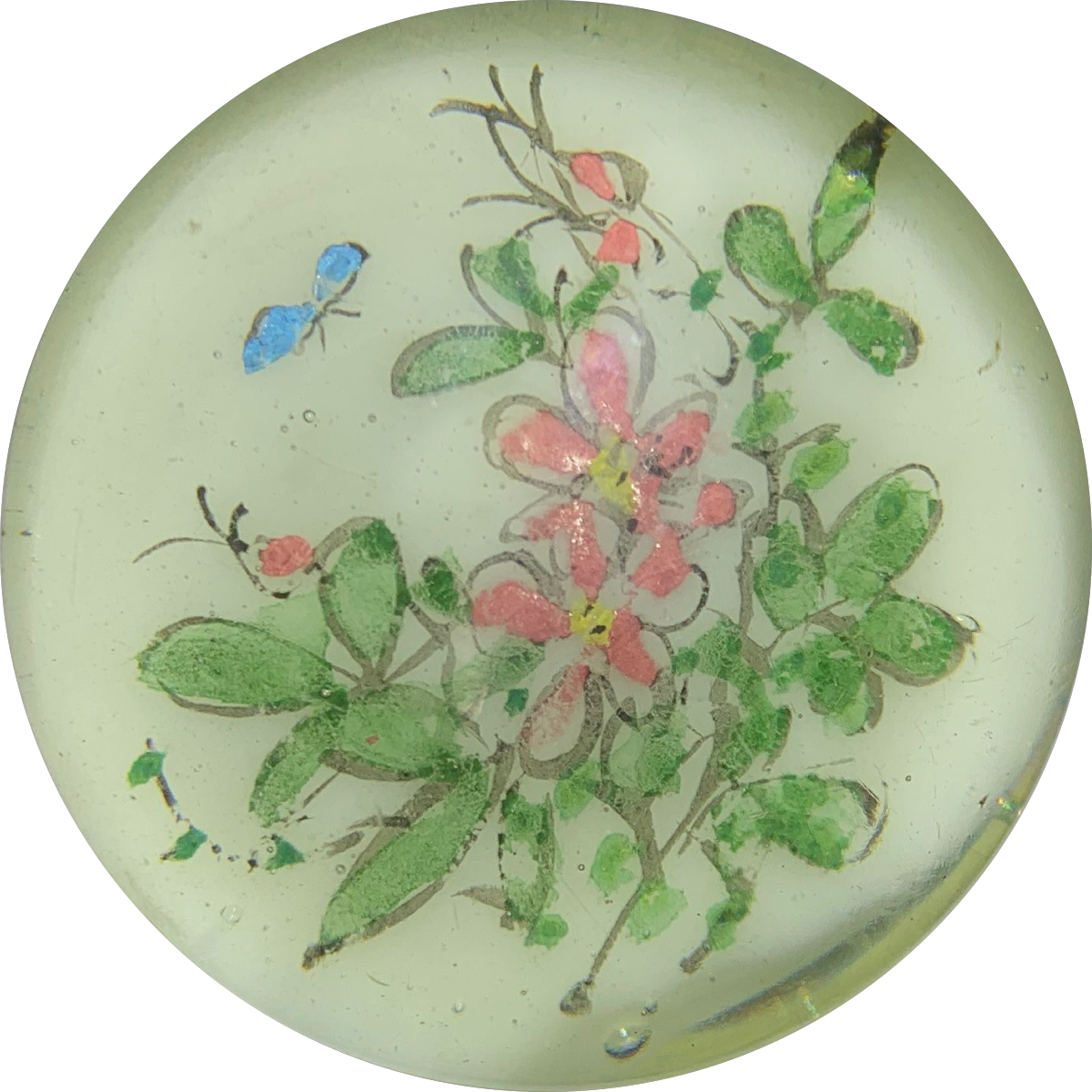 Early Chinese Hand-Painted Butterfly with Pink Flowers Encapsulated White Ground