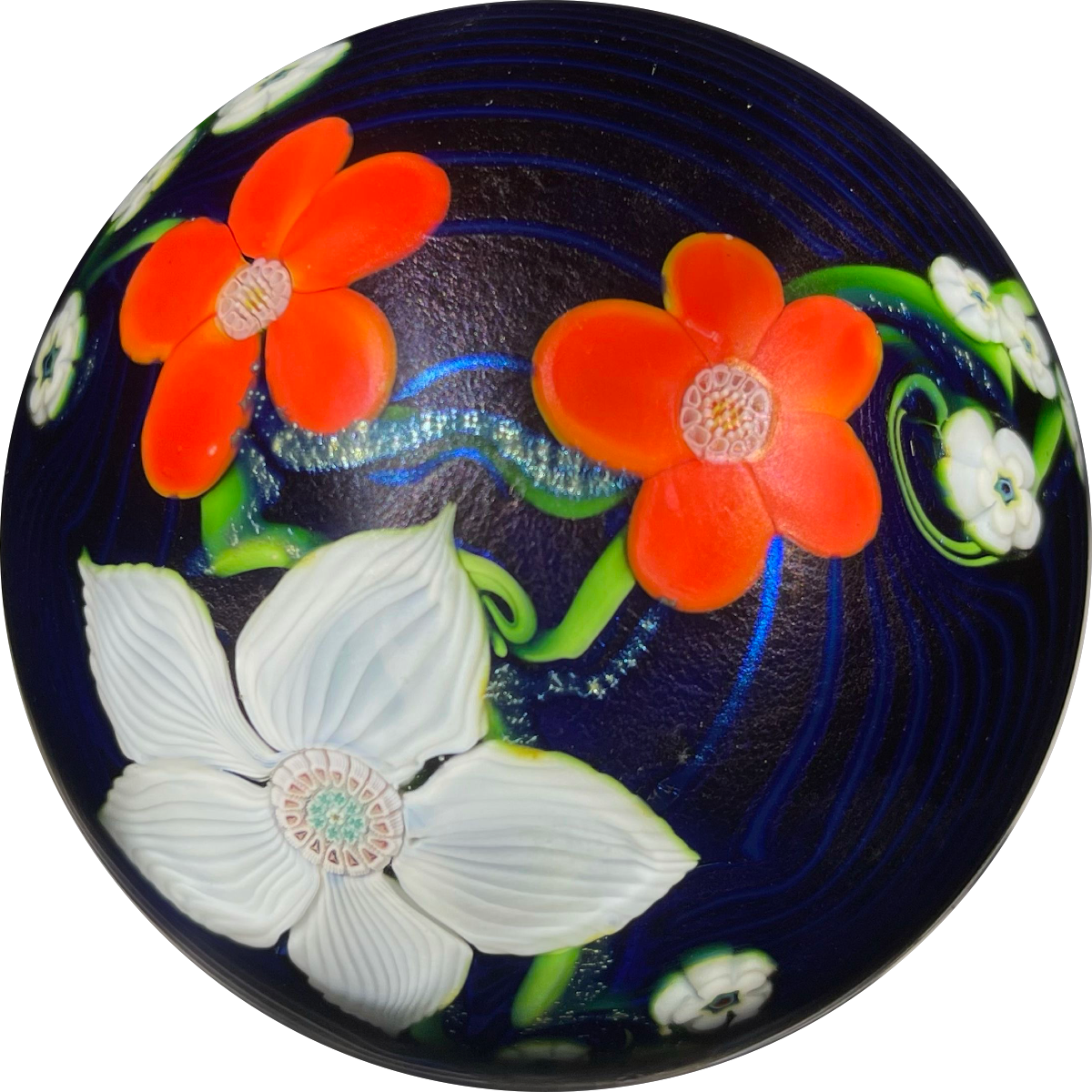 Orient & Flume 1982 Iridescent Torchwork Surface Decorated Flowers on Blue Field