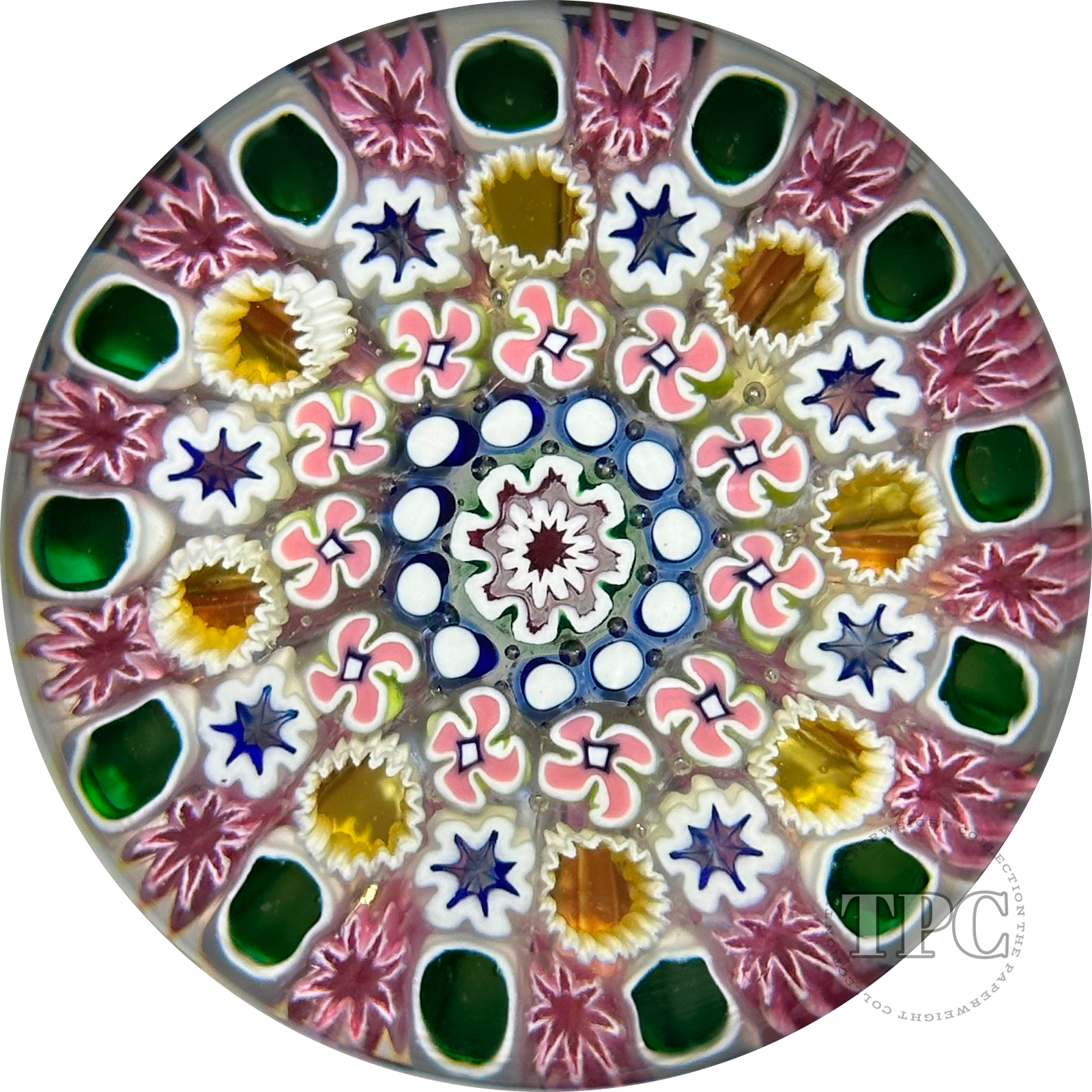 Damon MacNaught 2023 Glass Art Paperweight Complex Concentric Millefiori with Pink & Green Dogwoods Blossoms and Staves