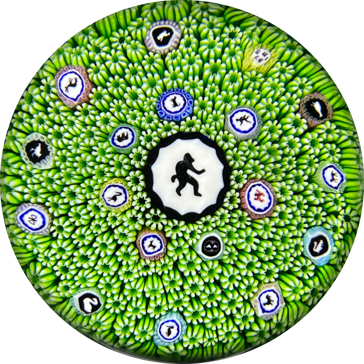 Baccarat Crystal 1975 LE Singe Noir Gridel Black Monkey Murrine With Green Carpet Ground and 17 Silhouette Canes