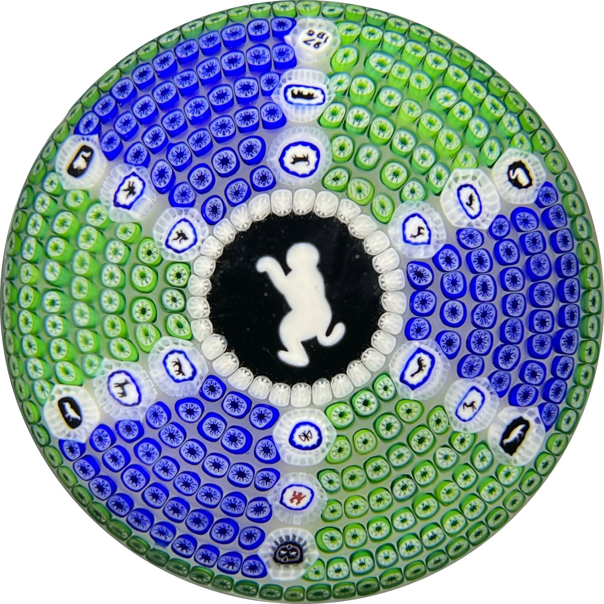Baccarat Crystal 1976 LE Singe Blanc Gridel White Monkey Murrine With Paneled Concentric Millefiori and 17 Silhouette Canes