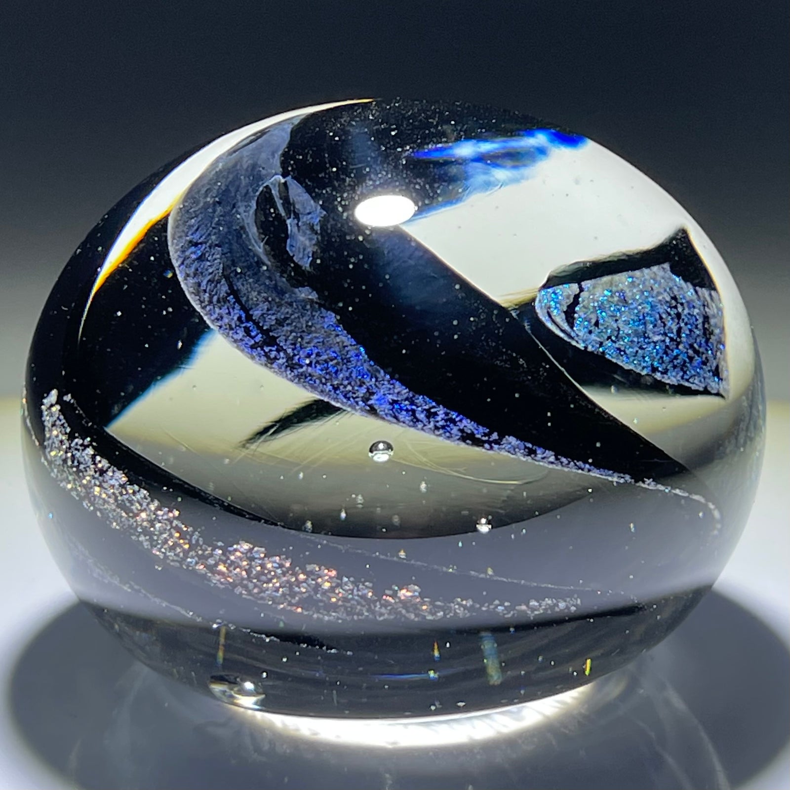 Unidentified Abstract Signed American Studio Art Glass Paperweight with Dichroic Swirl