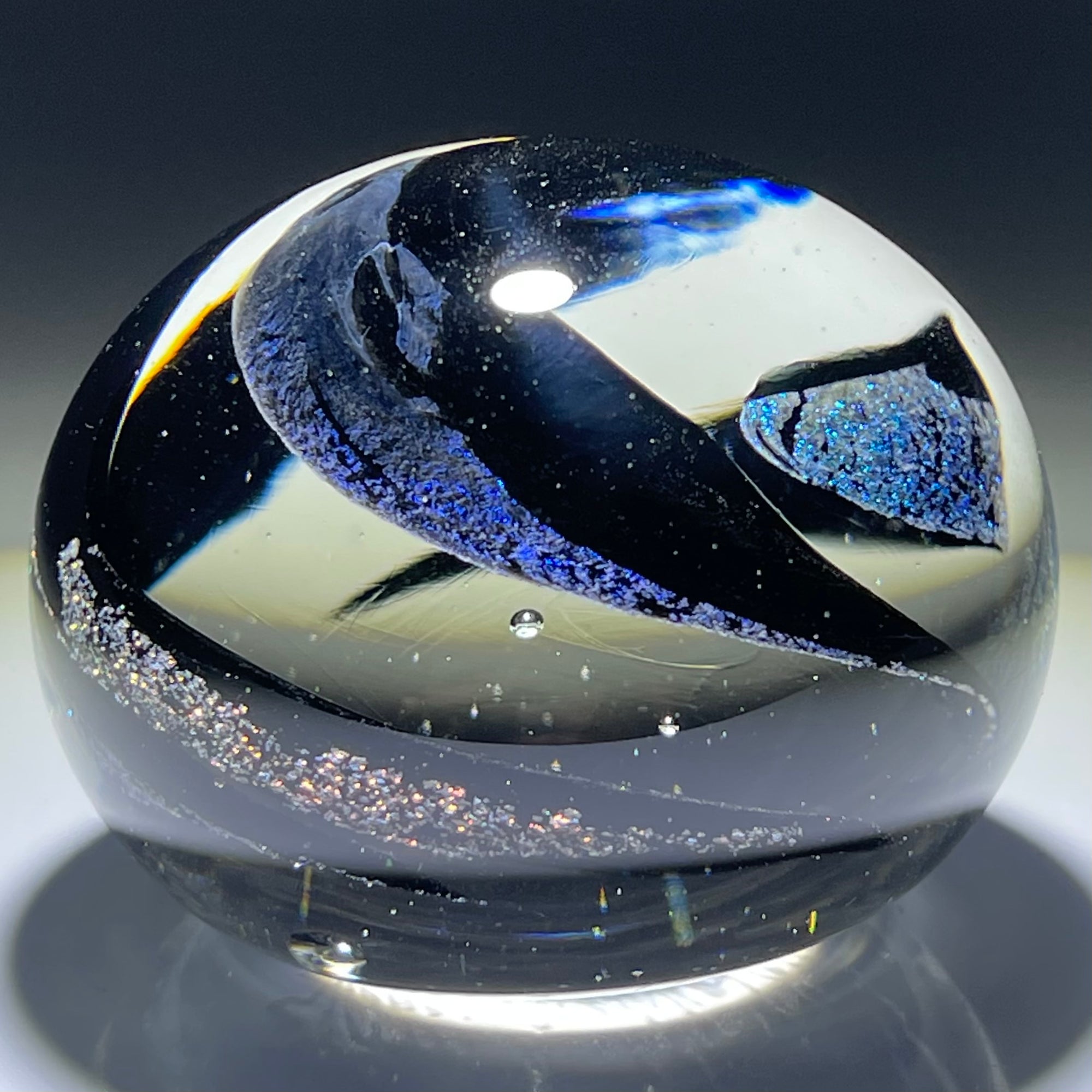 Unidentified Abstract Signed American Studio Art Glass Paperweight with Dichroic Swirl