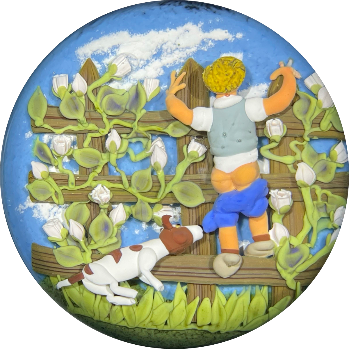 Clinton Smith 2021 Flamework Boy Loses Shorts with Jack Russel Terrier Dog & Climbing Rose