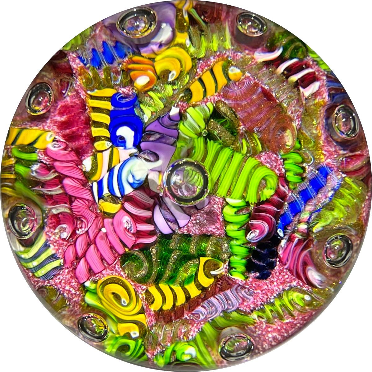 Paul Ysart Harland Era Glass Art Paperweight Colorful Filigree Harlequin Scramble on Pink Ground