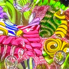 Paul Ysart Harland Era Glass Art Paperweight Colorful Filigree Harlequin Scramble on Pink Ground