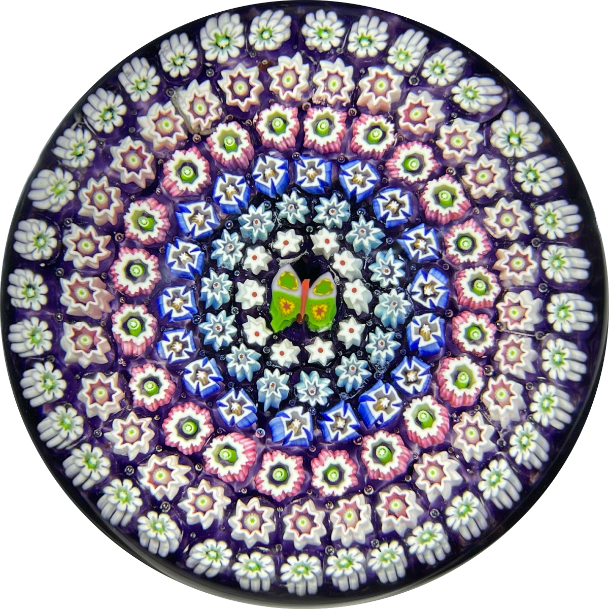 John Deacons Concentric Millefiori with Butterfly Center on Translucent Amethyst Ground