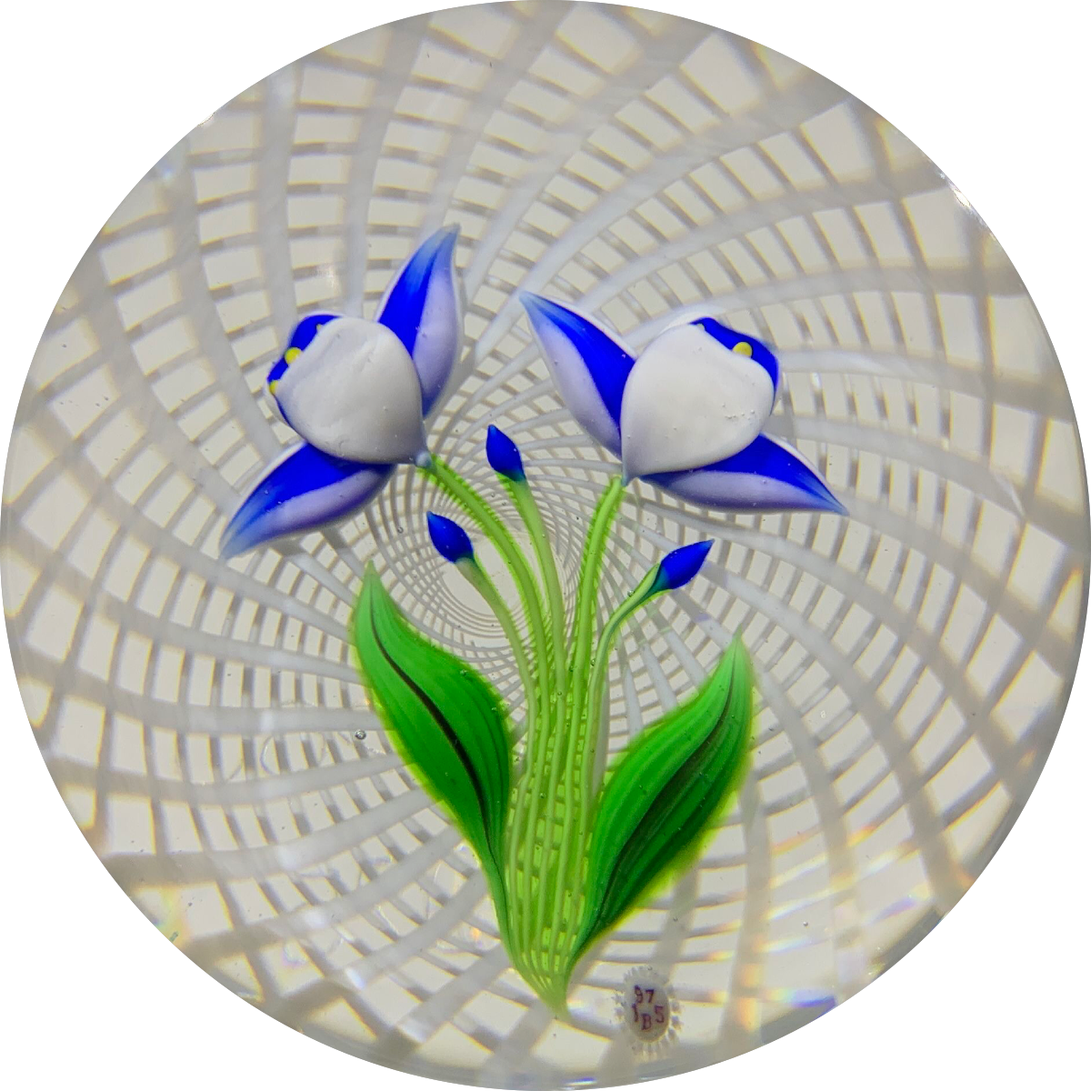 Baccarat 1975 LE Lampwork Blue & White Cornflower on White Spiral Filigree