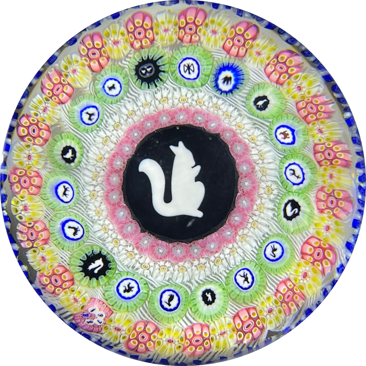 Baccarat 1972 Art Glass Paperweight Gridel Silhouette Millefiori Squirrel with Complex Millefiori