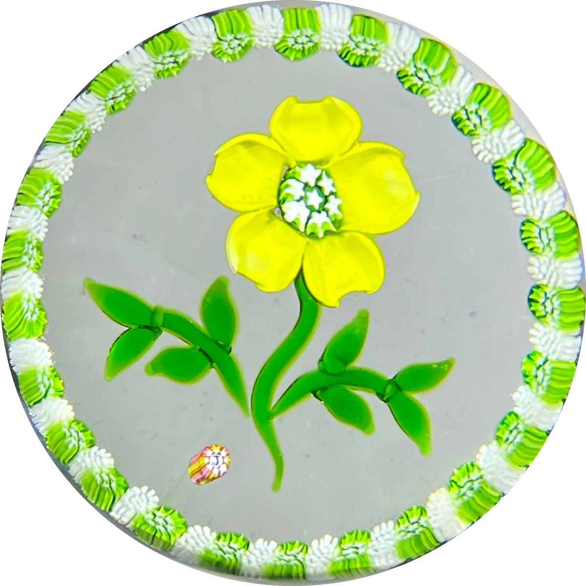 Vintage J Glass John Deacons Flamework Yellow Buttercup Flower with Millefiori Garland