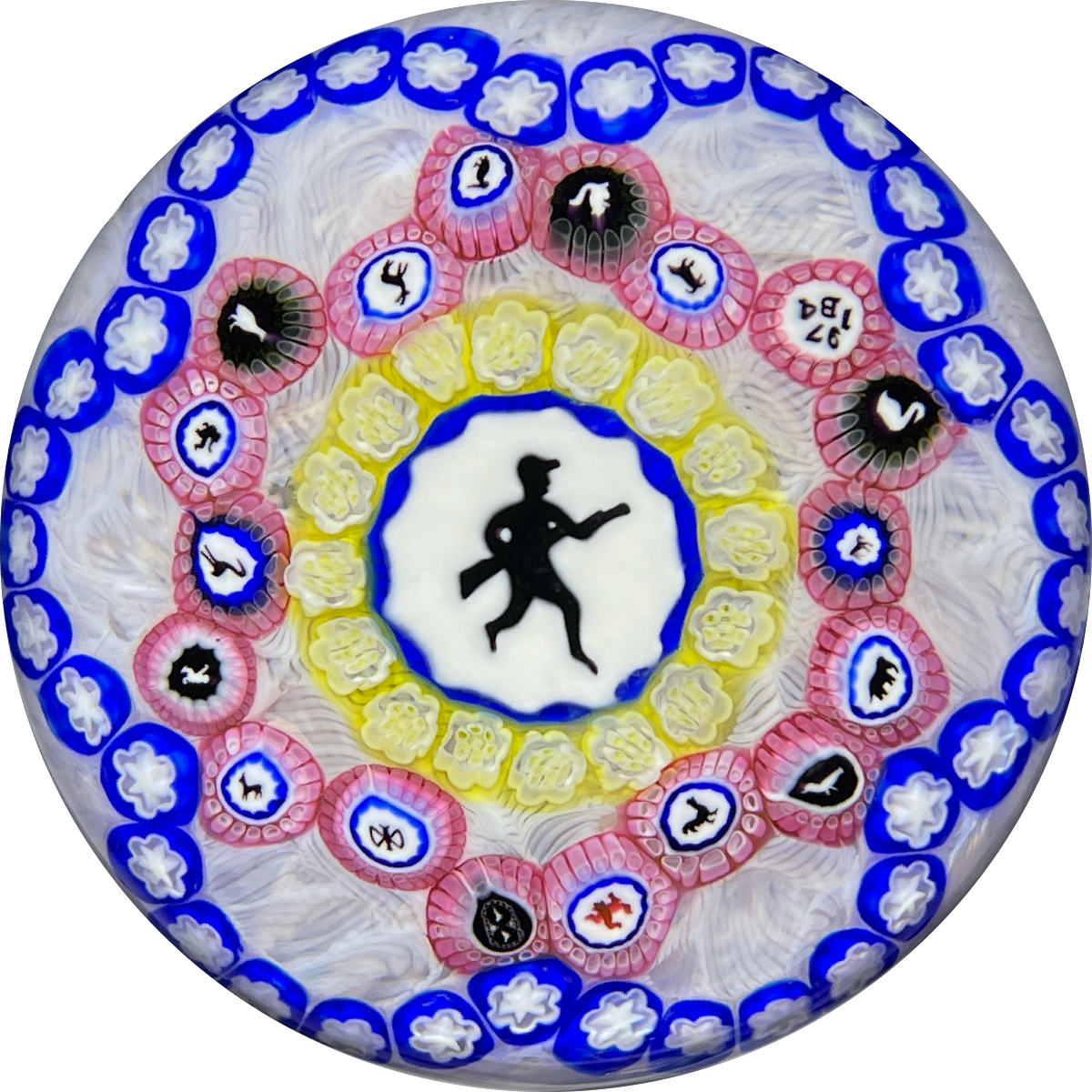 Baccarat Crystal 1974 L'Homme Au Fusil Gridel Hunter with Rifle Murrine Interlaced Complex Millefiori Garland & 17 Silhouettes on Upset White Muslin Lace