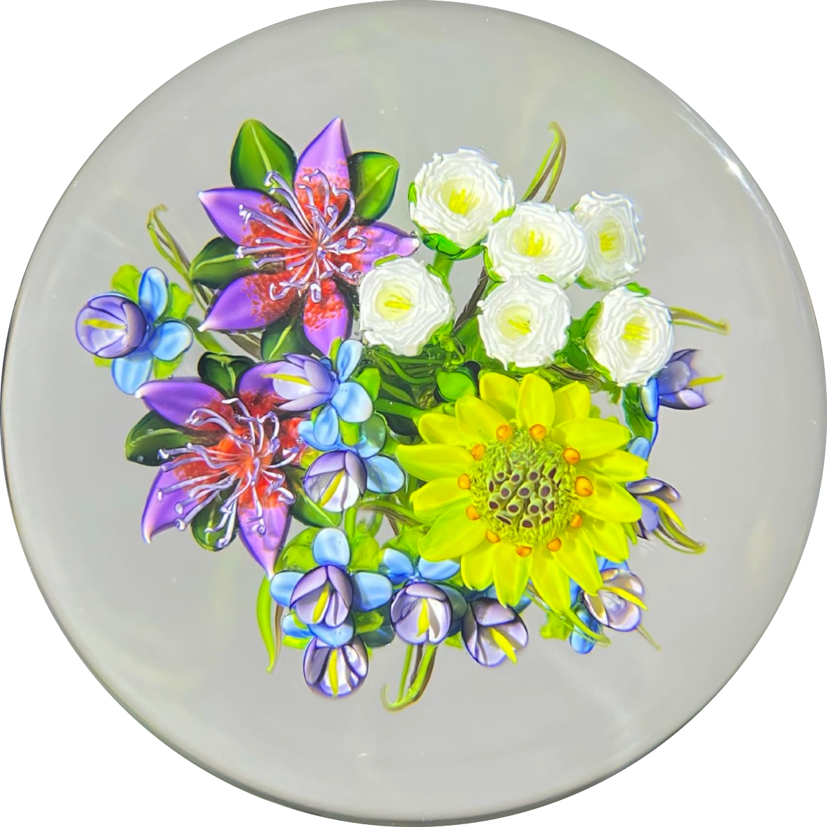 Ken Rosenfeld 2021 Glass Art Paperweight Flamework Flower Bouquet with White Clichy Style Roses