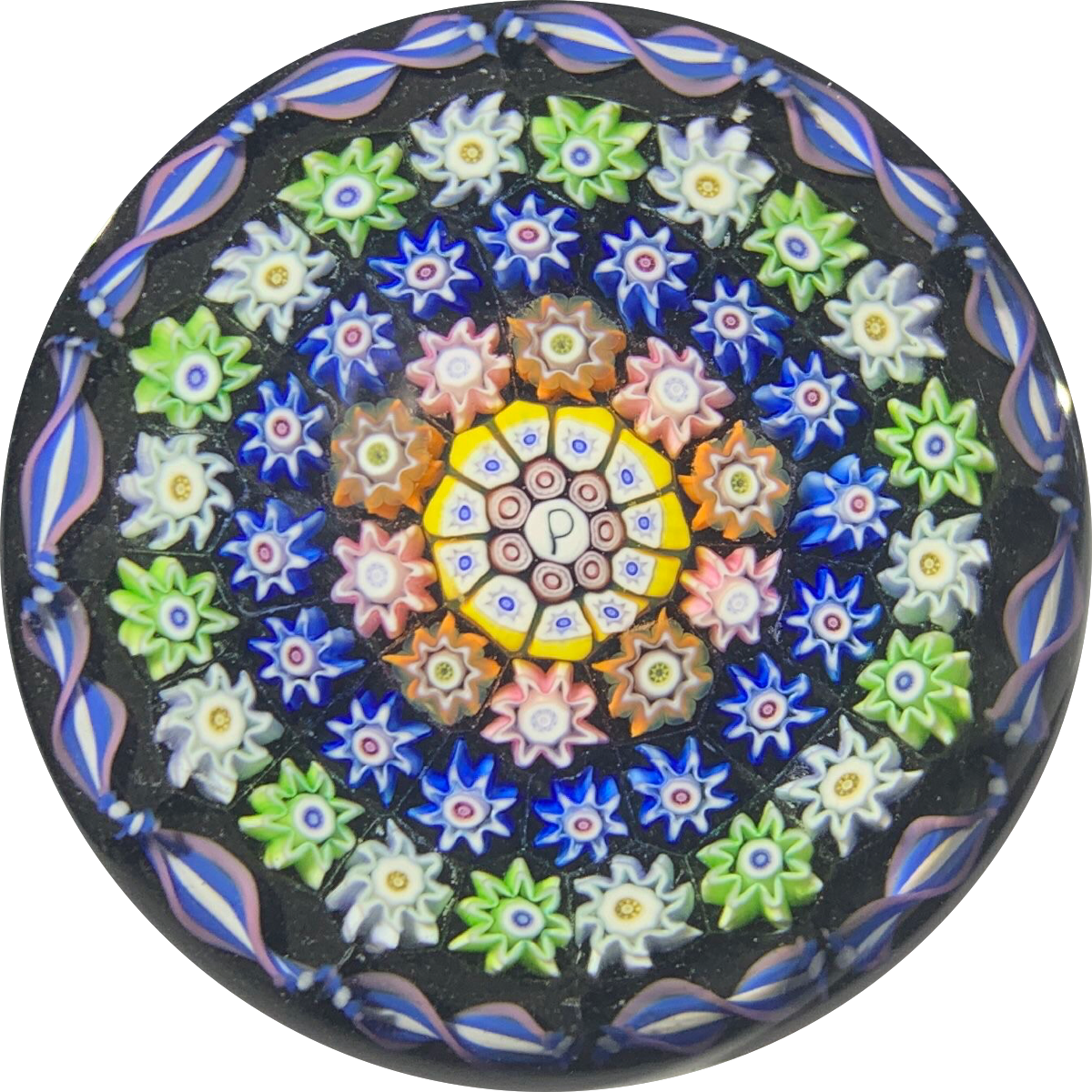Vintage Perthshire Paperweights PP123 Miniature Concentric Millefiori on Opaque Black