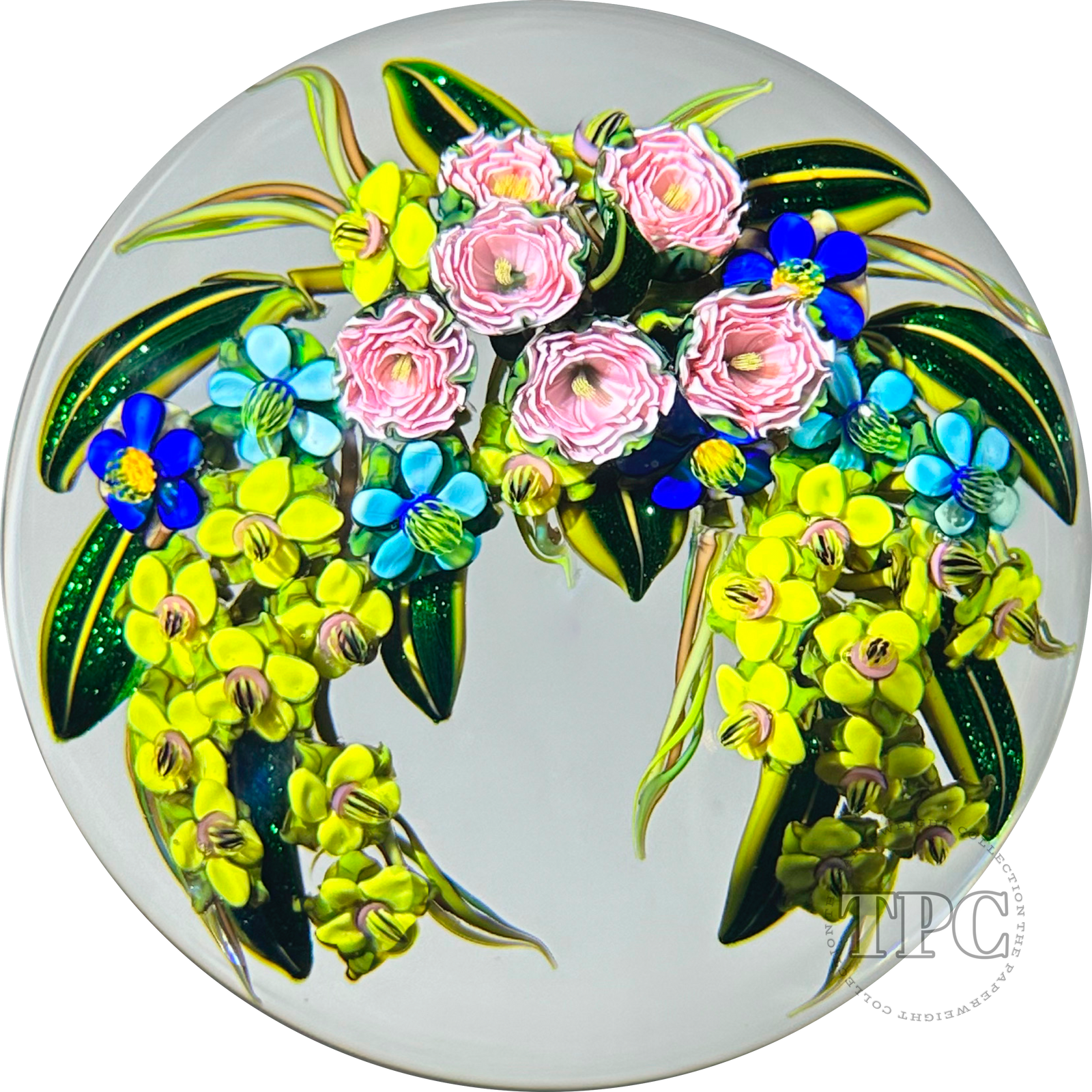 Large Ken Rosenfeld 2011 Glass Art Paperweight Flamework Draped Flower Garland with Pick Clichy Roses