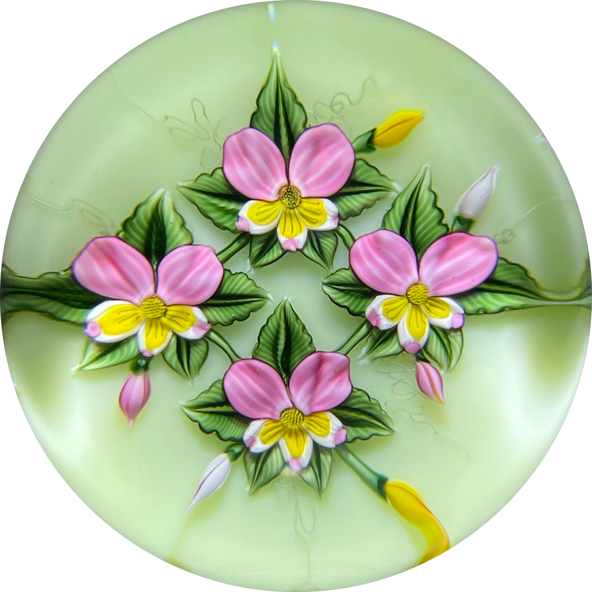 Richard Loesel Flamework Pink & Yellow Pansies on opaque Pistachio Green Ground