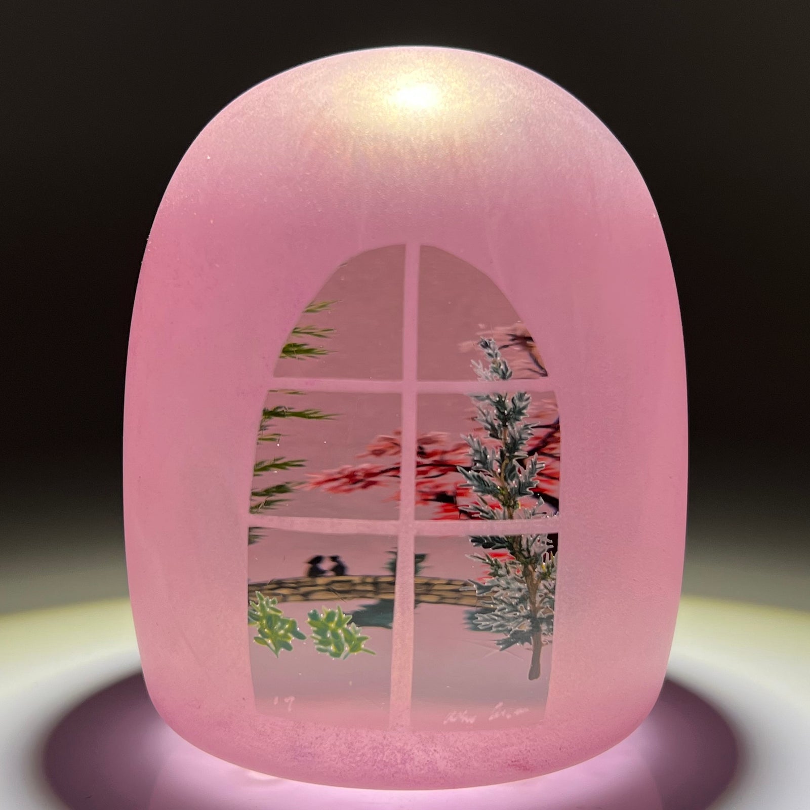 Alison Ruzsa 2017 Pink Frosted Lovers on a Bridge Encapsulated Hand-Painted Enamels