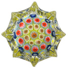Vintage Strathearn Pressed Star Glass Art Paperweight with Colorful Concentric Millefiori on Yellow Ground