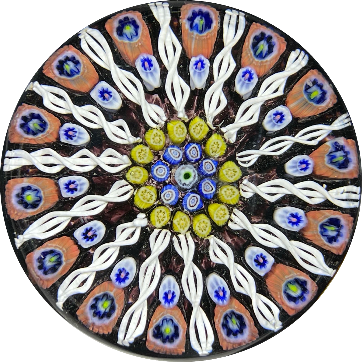 Vintage Strathearn Glass Art Paperweight Paneled Millefiori with Filligree on Black Ground