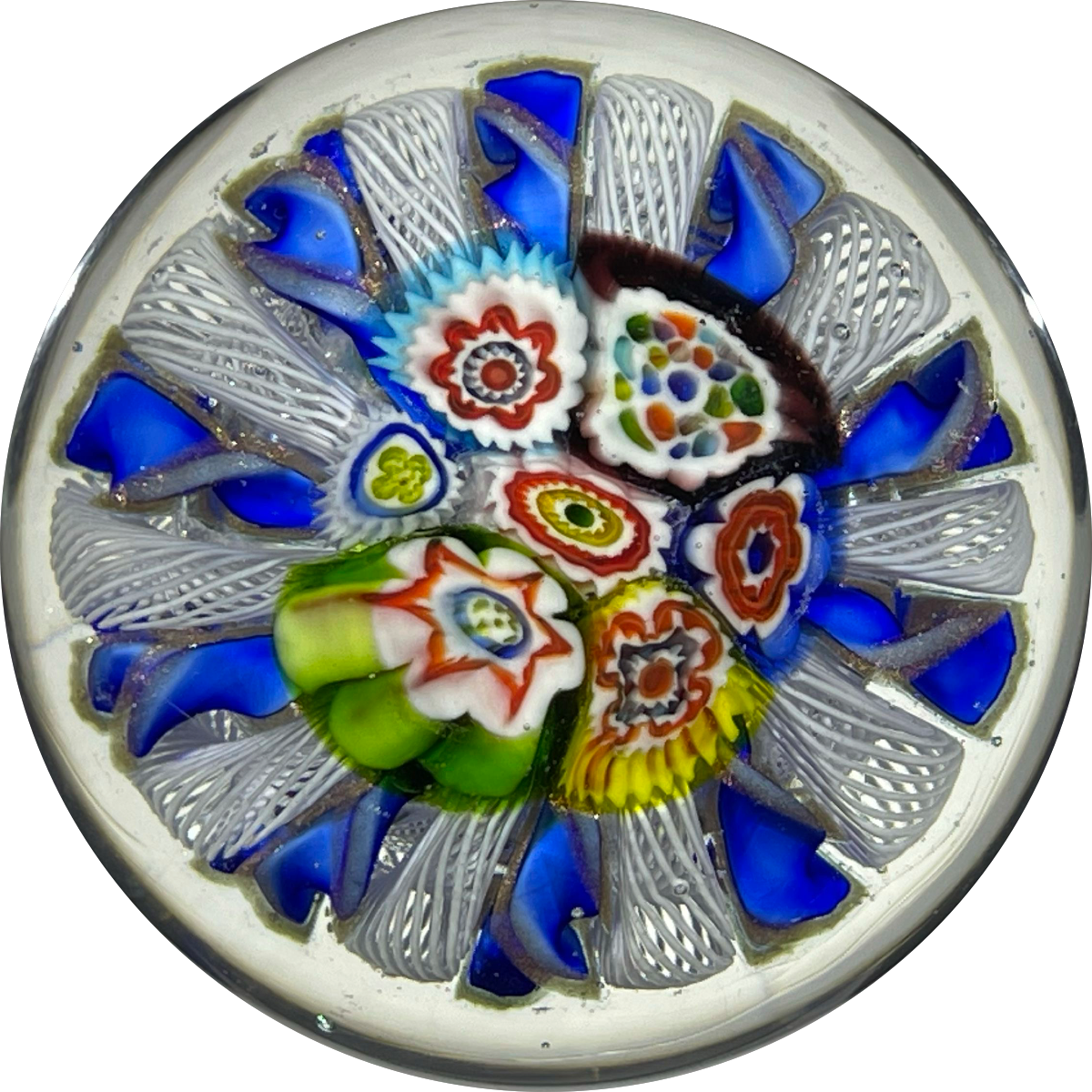 Early to Mid 20th Century Murano Millefiori Crown Paperweight with Blue Ribbon Twists