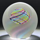 Signed Paul Harrie Contemporary Glass Art Paperweight With Spiral Rainbow Design and Faceted Frosted Surface