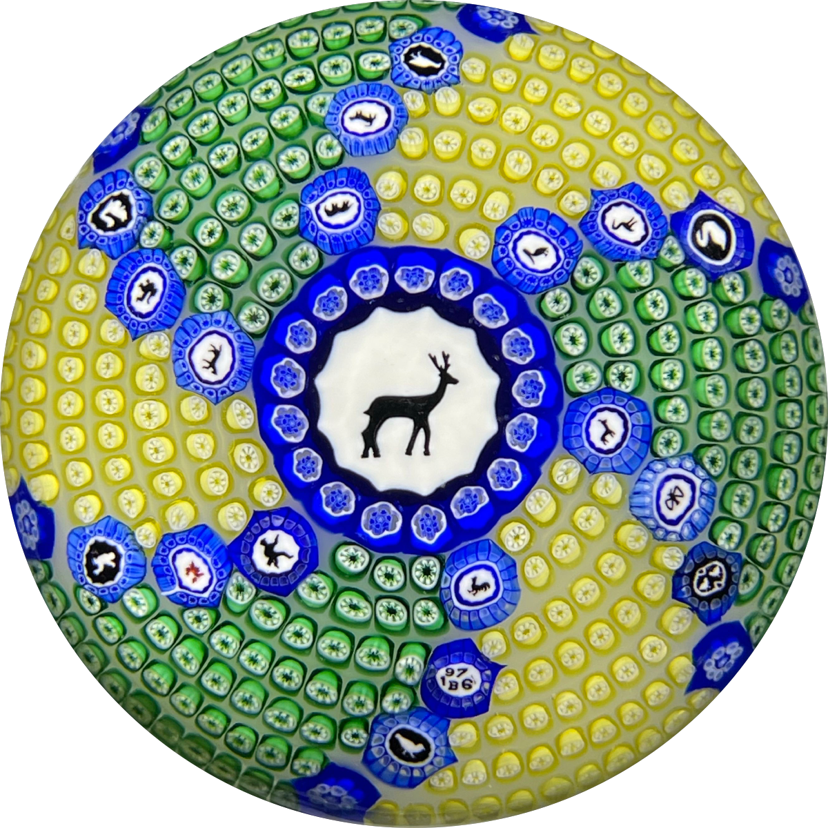 Baccarat Crystal 1976 LE Daim Noir Gridel Black Deer Murrine With 17 Silhouette Canes & Close Concentric Complex Millefiori on Opaque White Ground