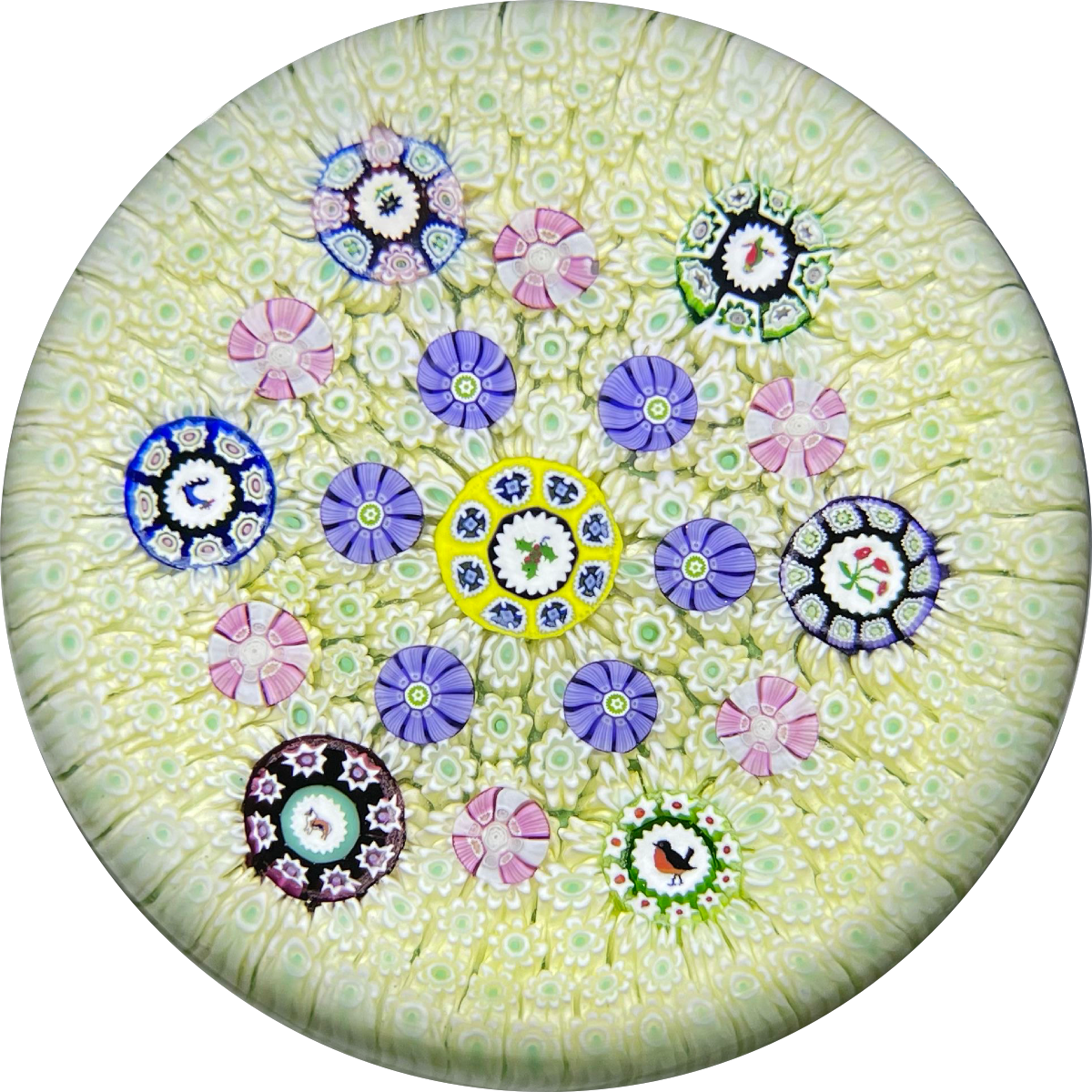 Perthshire Paperweights 1977 Carpet Ground with Seven Pictoral Murrine Canes