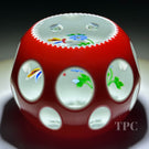 Perthshire Glass Art Glass Paperweight Red Faceted Overlay with Flamework Butterfly with Flowers