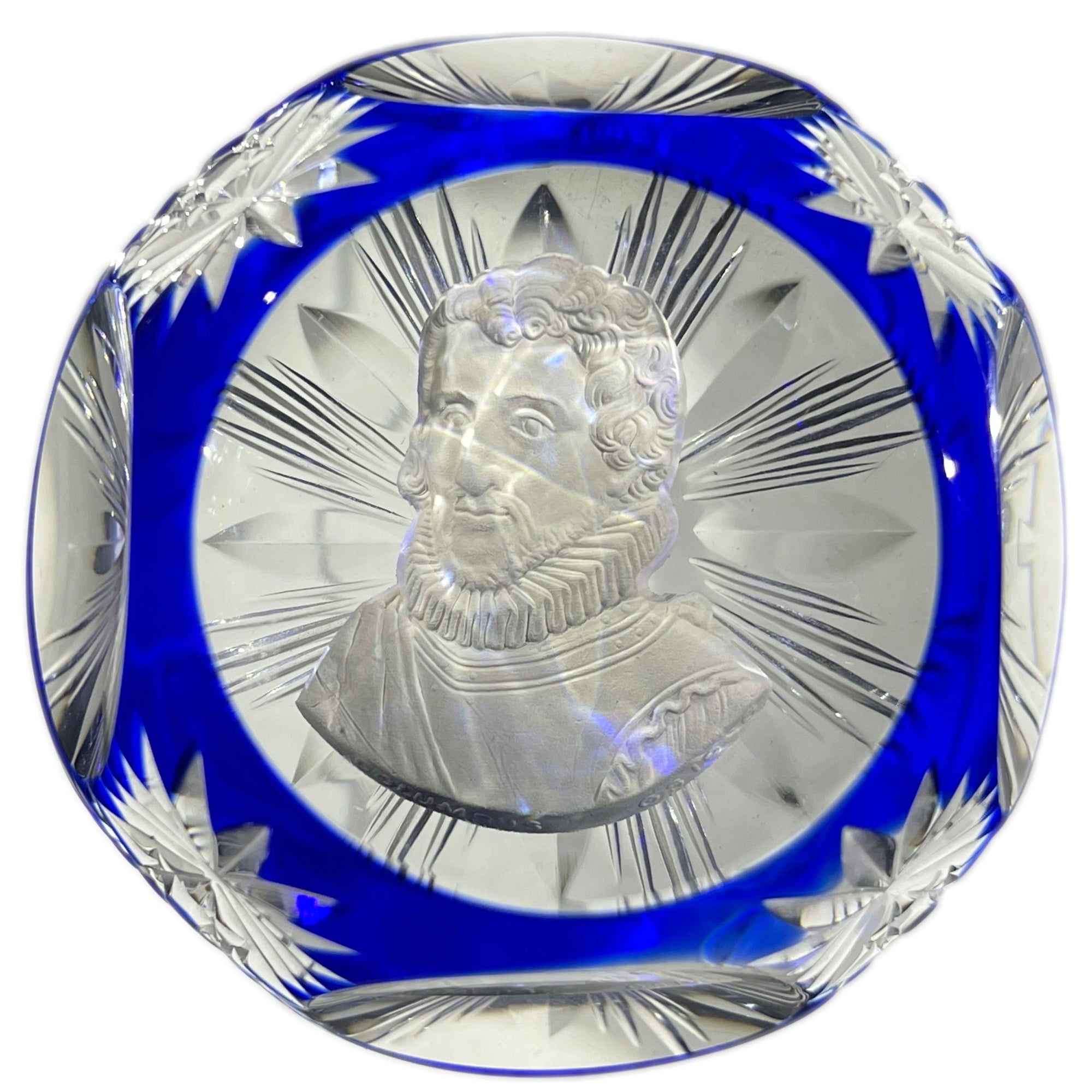 Cristal d’Albret 1967 Christopher Columbus Sulphide with Fancy Faceted Blue Overlay