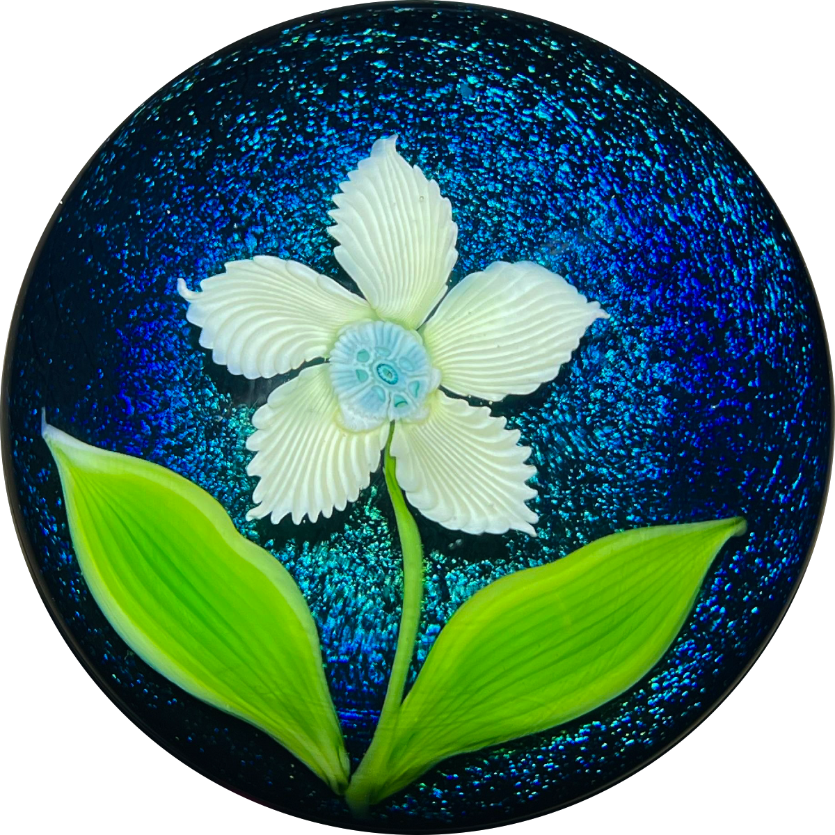 Orient & Flume 1978 Torchwork Yellow Flower over a Dark Dichroic Blue/Purple Ground