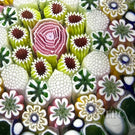 Damon MacNaught 2023 Glass Art Paperweight Complex Concentric Millefiori with Large Pink Rose Center and Green & White