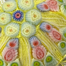 Vintage Strathearn Pressed Star Glass Art Paperweight with Radial Millefiori & Filigree Design on Yellow