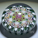 Damon MacNaught 2023 Glass Art Paperweight Complex Concentric Millefiori with Large Pink Rose Center and Green & White