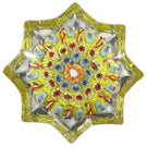Vintage Strathearn Pressed Star Glass Art Paperweight with Colorful Concentric Millefiori & Ribbon Twists on Yellow Ground