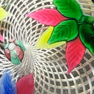 Antique New England Glass Co. (NEGC) Glass Art Paperweight Lampwork Triple Leaf Spray with Millefiori on White Filigree Basket