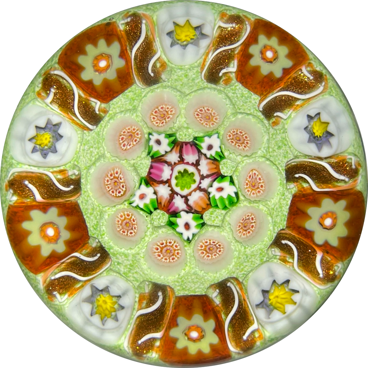 Early Paul Ysart Concentric Millefiori With Radiating Aventurine Twists On Green Jasper Ground