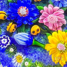 Debbie Tarsitano 2000 Glass Art Paperweight Flamework Flowers with Complex Millefiori & Ladybugs on Blue