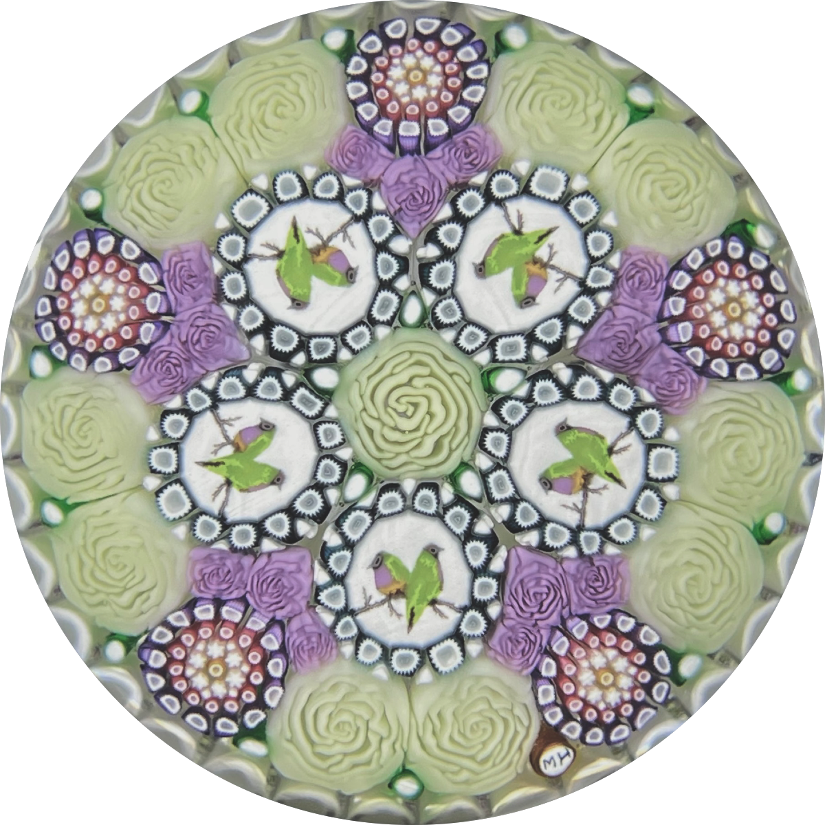 Michael Hunter 2021 Complex Patterned Millefiori with Rose Canes and Five Gouldian Finch Picture Murrine