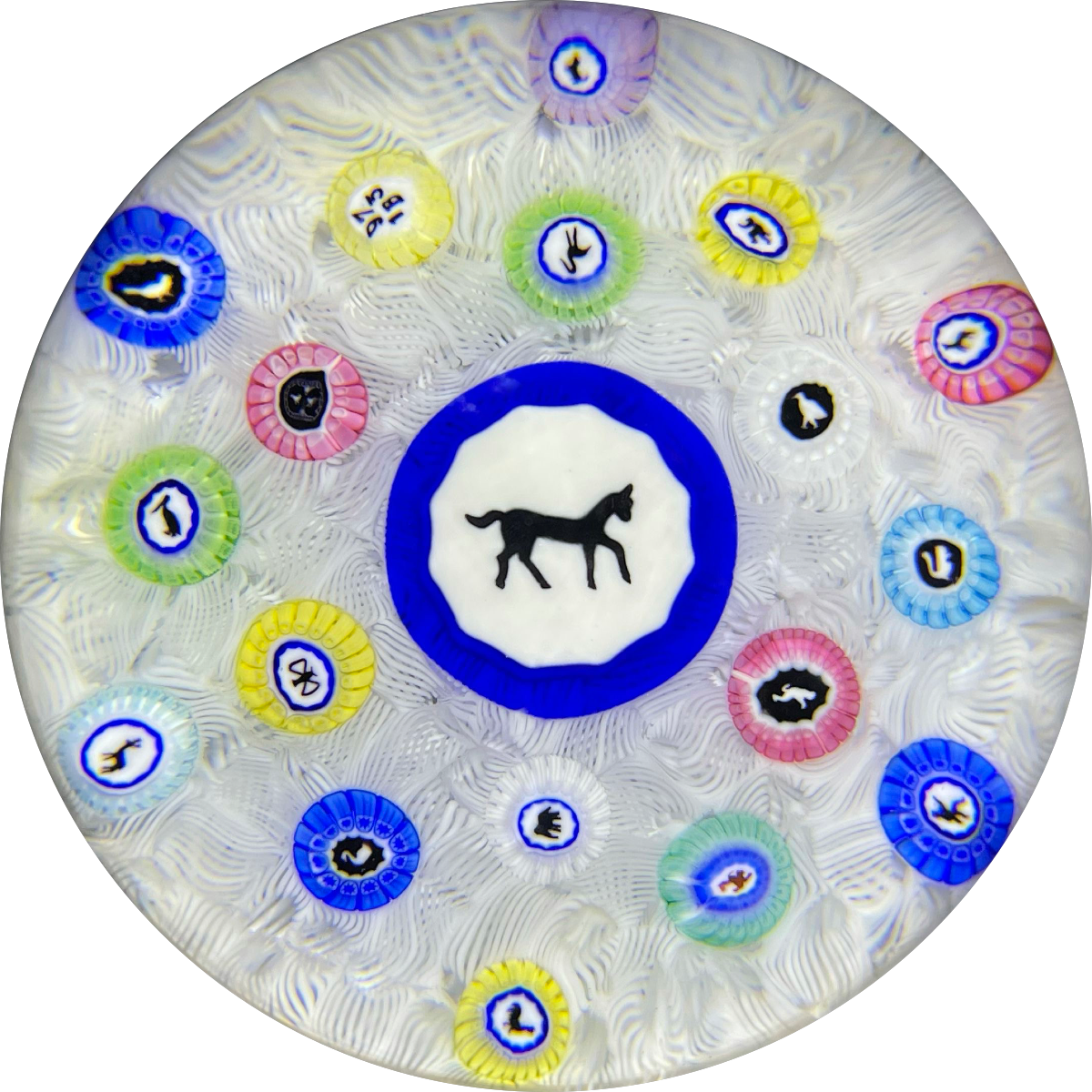 Baccarat 1973 Art Glass Paperweight Gridel Silhouette Millefiori Horse with Complex Millefiori