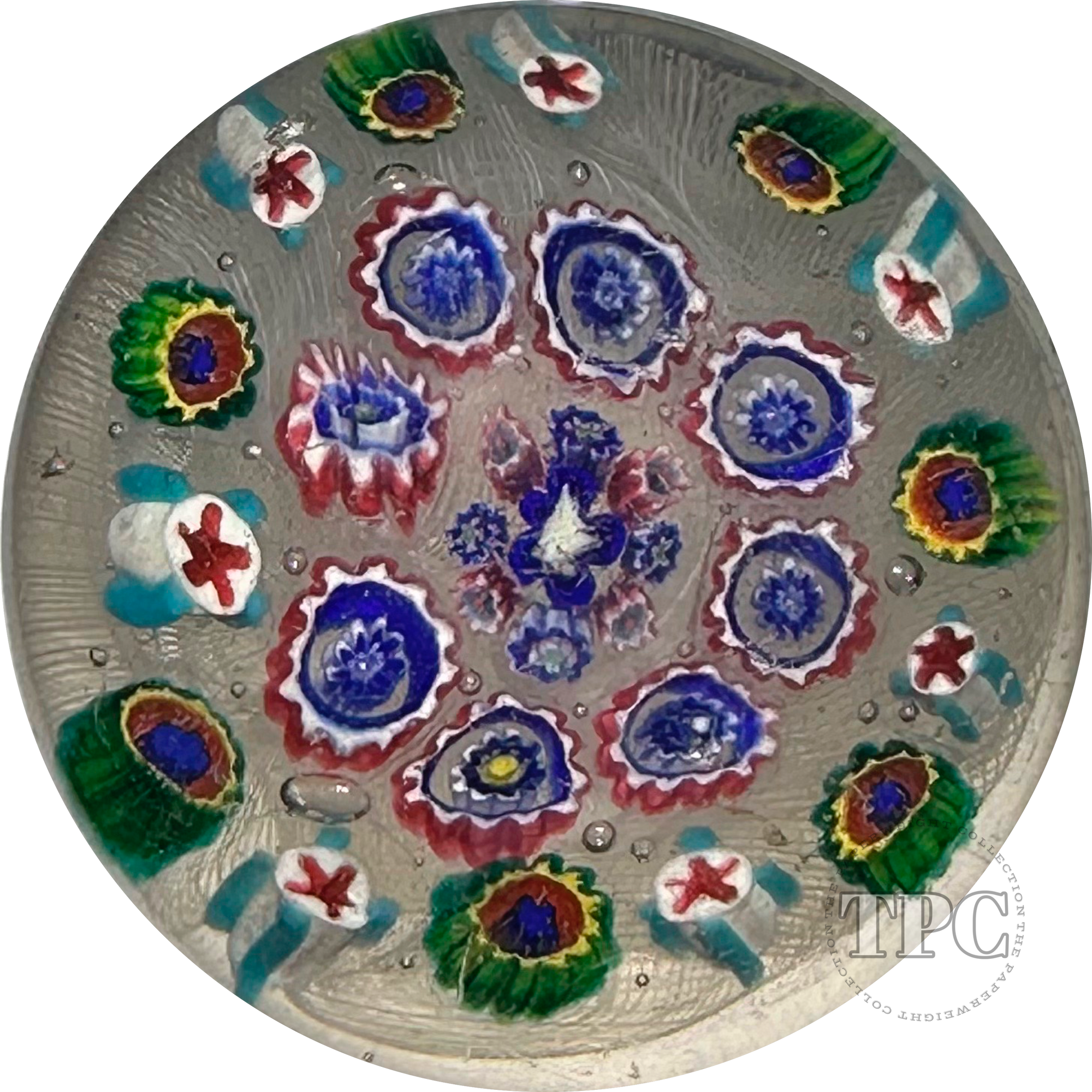 Antique Thuringian Glass Art Paperweight Colorful Concentric Millefiori on Upset White Muslin Lace